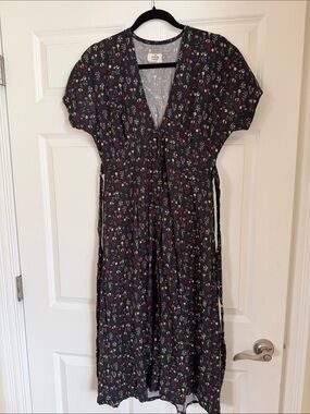 Marine Layer Black Floral V-Neck Dress with Multicolor Blooms